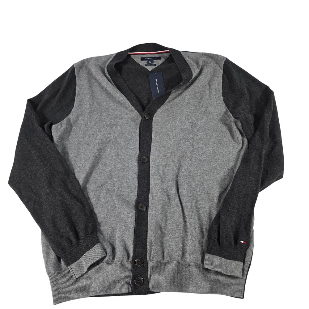 Tommy Hilfiger Mens Grey Colorblock Premium Cotton Cardigan Sweater 78B3003 L